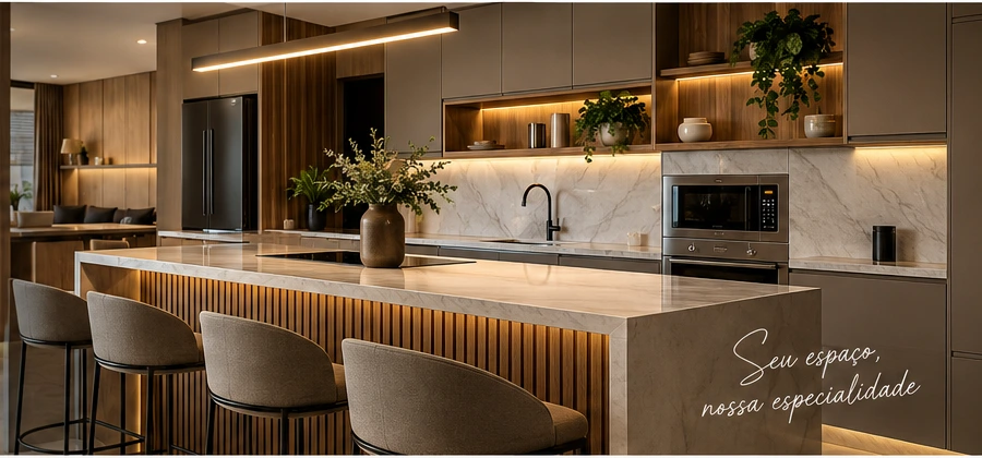 Cozinha contemporânea com marcenaria planejada em tons de madeira e iluminação embutida
